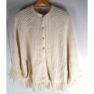 Womens Vintage Shawl White W Fringe Cable Knit Retro Sally Gee Orlon Acrylic OS